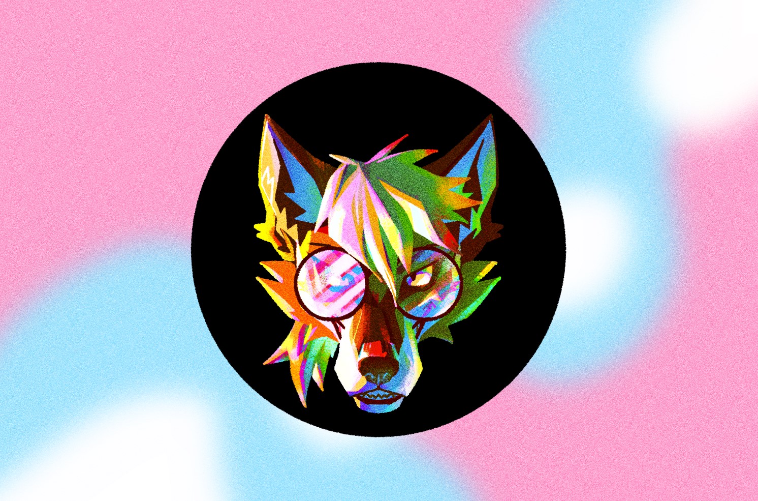 A digital painting, featuring a front facing portrait of the head of a fox character framed in a black circle, imposed on an abstract background. She sports a fringe and large round glasses. The piece is ablaze with vibrant, rainbow colors, and a transgender pride flag gleams off the lenses of her glasses. Her expression is sure and smug.