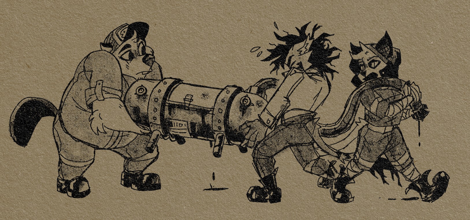 A sketch of three anthro characters--a large beaver bear and two felines--lifting a large pill-shaped metal canister of some sort. The canister is slowly oozing some kind of dark fluid. They seem to be hauling it off somewhere with contained haste. 