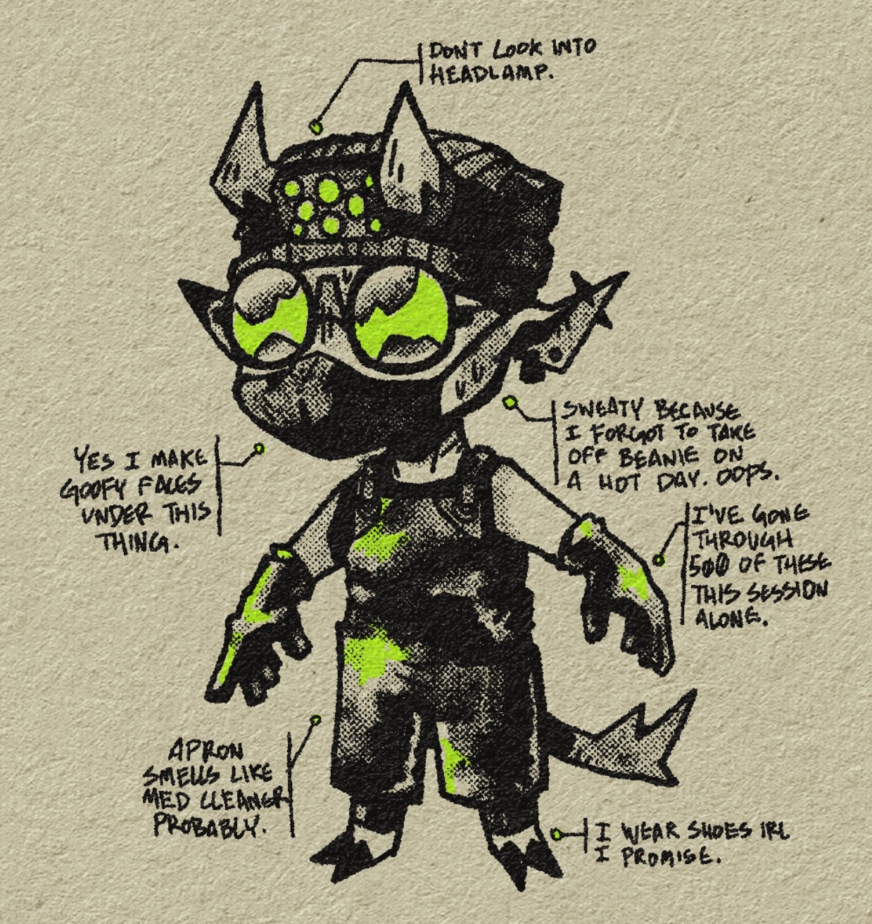 An illustration of a demon character wearing stuff to tattoo: a headlamp, glasses, face mask, gloves. Their expression is unreadable, but they are stanced awkwardly, sore from being hunched over.\nText:\n- Dont look into headlamp\n- Yes I make goofy faces under this thing (mask).\n- Apron smells like med cleaner probably.\n- sweaty because I forgot to take off beanie on a hot day. Oops.\n-Ive gone through 500 of these (gloves) this session alone.\n- I wear shoes irl I promise. 