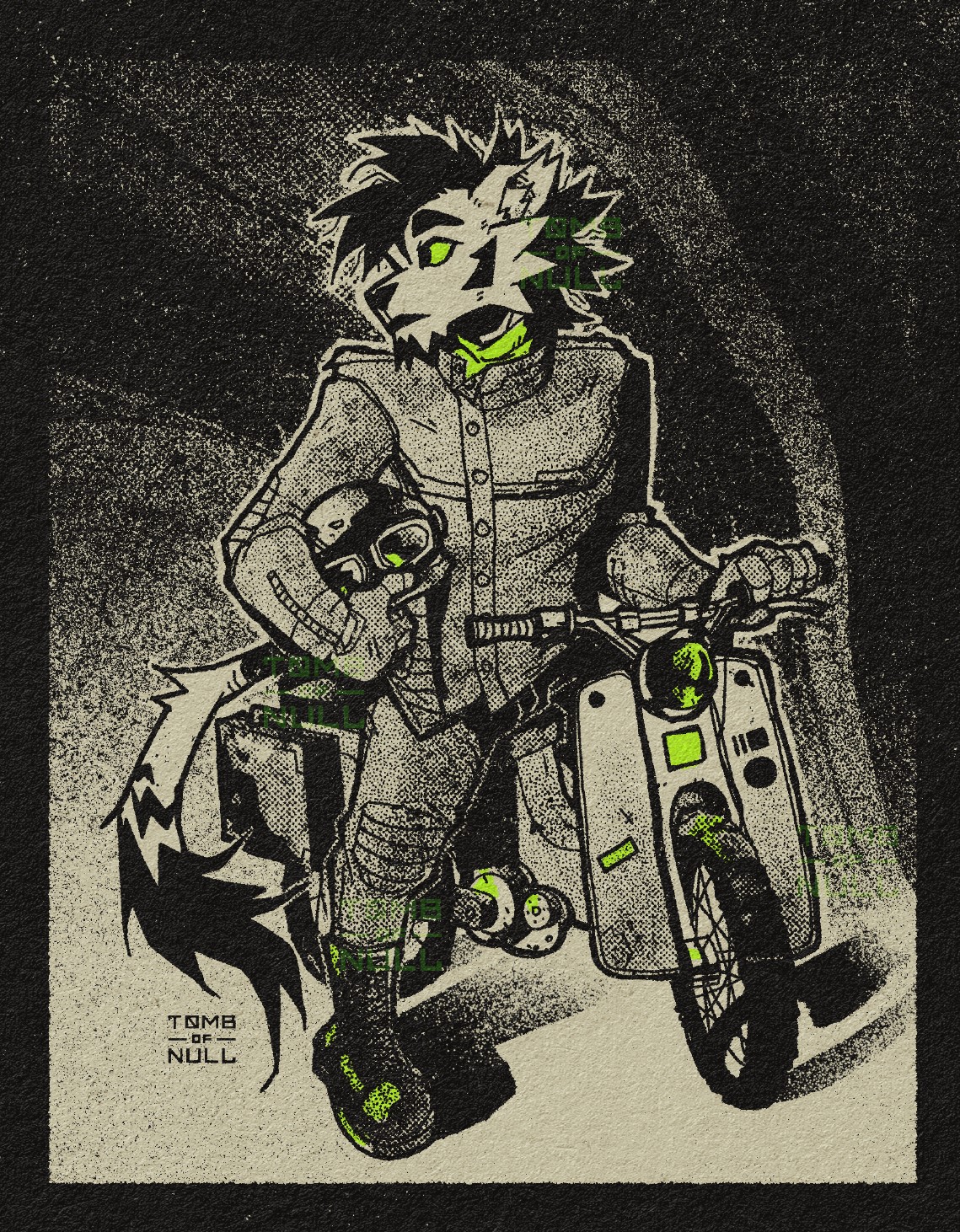 Illustration of an anthro feline character on a small motor bike. They seem to be looking at something over their shoulder.