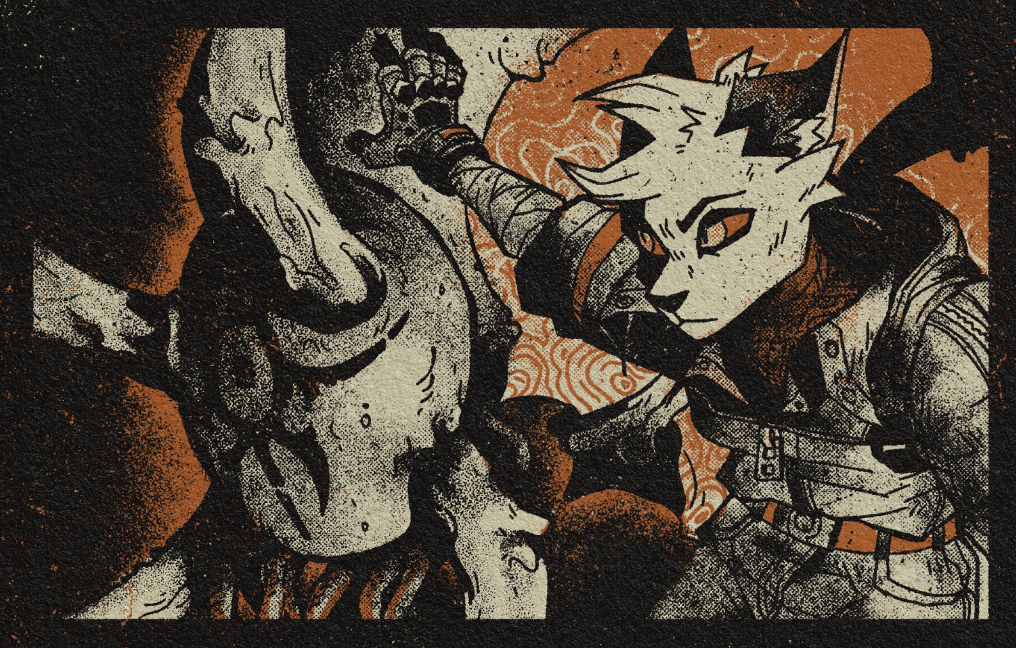 Illustration of an anthro feline character with their weird, massive bug beast. They are looking at something out of frame. The illustration is make up of crunchy line work, bold shadows, rough halftones, and a very limited color palette. Theres a dark, grungy tone to the whole thing.