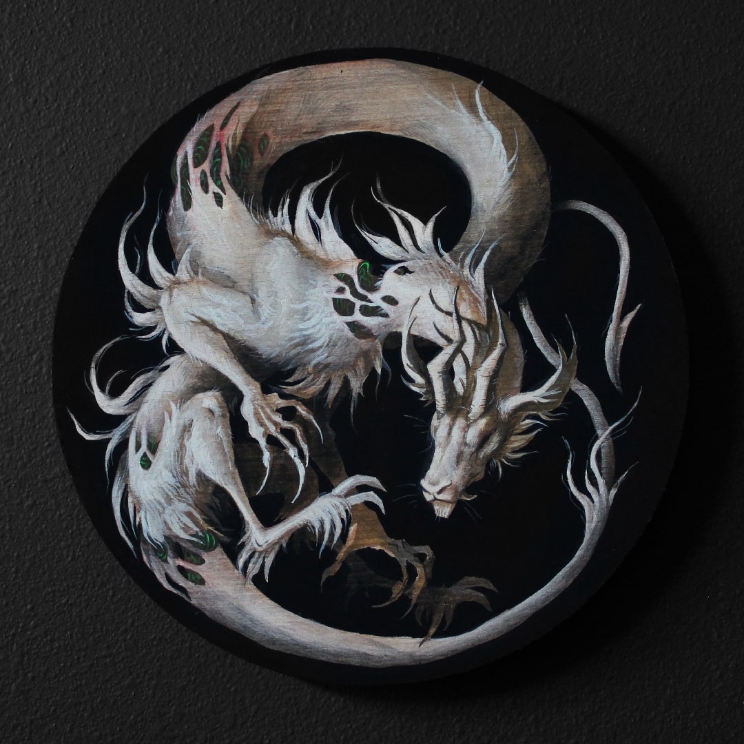 A photo of a painting of a ethereal, serpentine goat dragon. Their skin breaks away to reveal oilslick flesh within.
