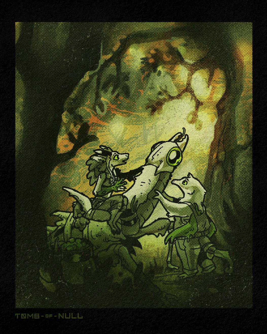 Illustration of an anthro hound-sheep and a silky anteater, guiding a big bug beast as it reaches for fruit on a tree.