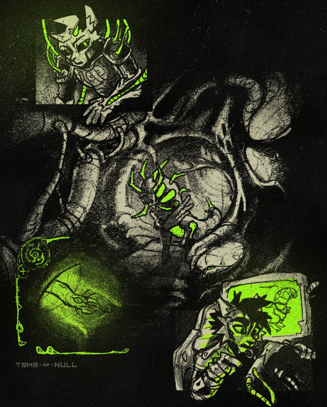 Comic-ish illustration featuring anthro folk operating a bug-like meat-mech in a cavernous environment.
Panel 1: an anthro feline-rodent rigged up to the mechanics of the mech. They appear to be talking, their eyes hazed over as they are seeing through the eyes of the mech.
Panel 2: the mech emerging from a tunnel, its gaze looking at something on the ground.
Panel 3: The mechs vision with a esoteric HUD. In its sight is a worm creature with large pincers.
Panel 4: An anthro feline at a terminal, presumably inside the mech. He is trying to aid the other anthro in iding what they are looking at. 