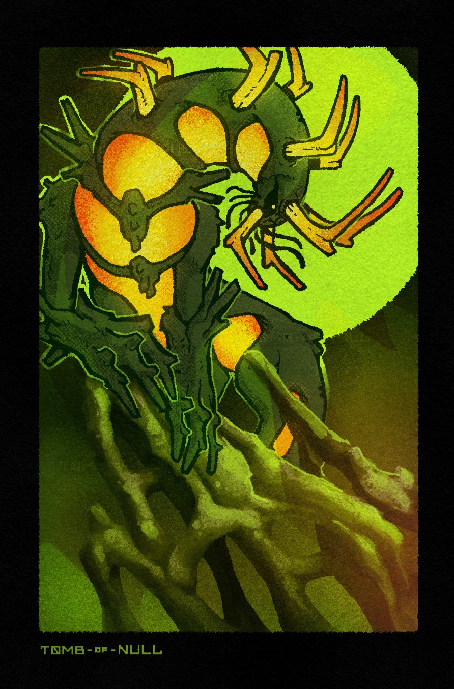 Illustration of a bug beast perched upon an organic structure. 