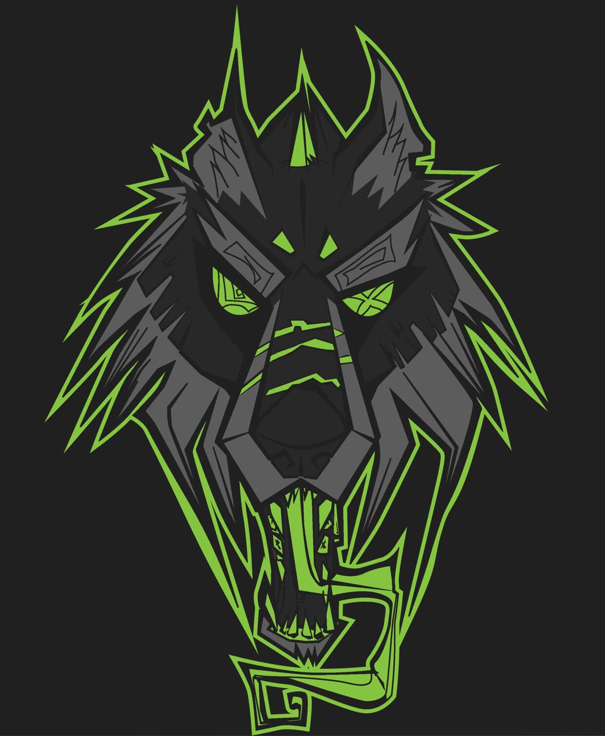 A grey and green wolf head on a grey background. The wolf has odd eyes and a long, twisting tongue.