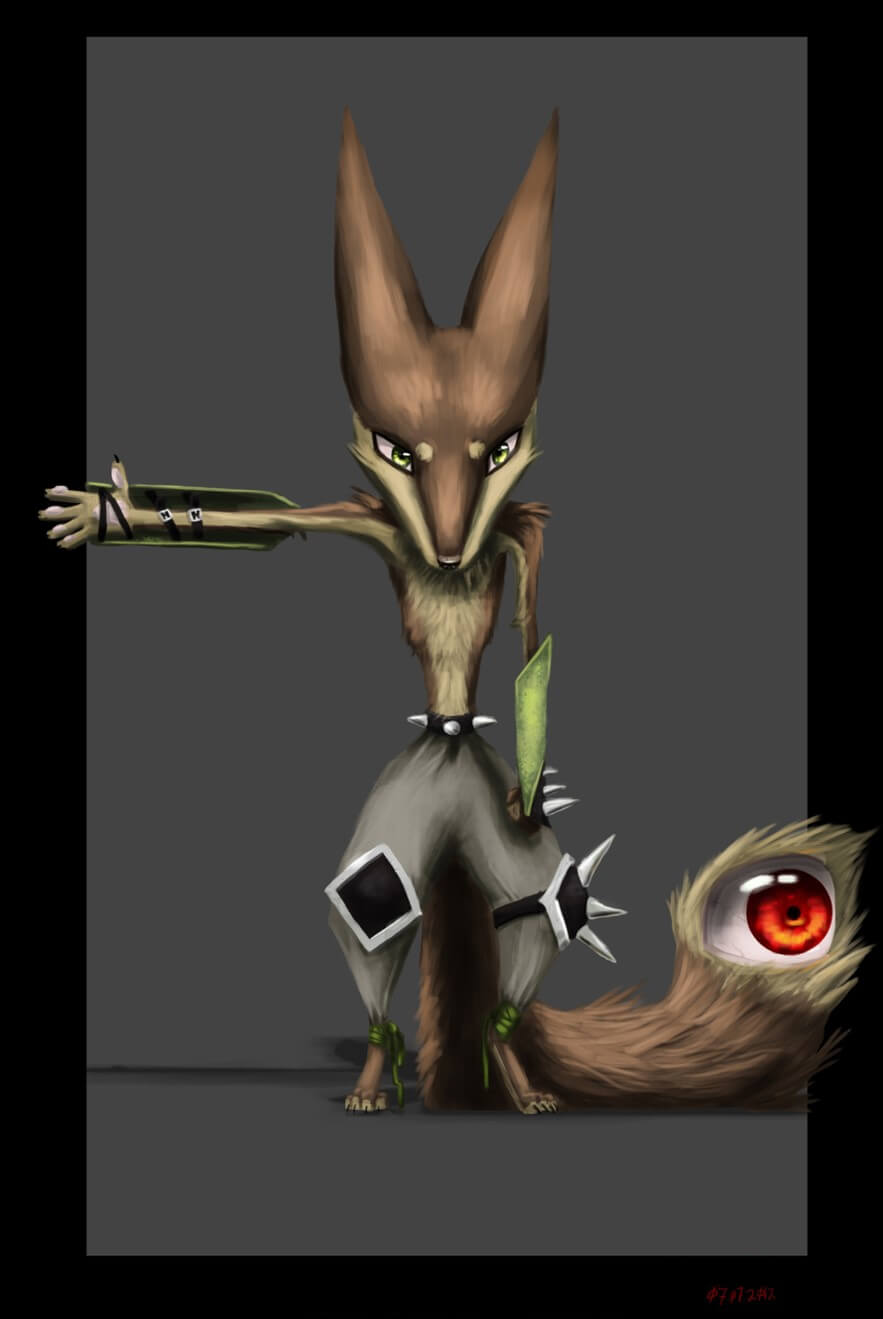An anthro fox-like creature faces the viewer. The subject is wearing armor on their legs and arms. On their is a large, red eye.