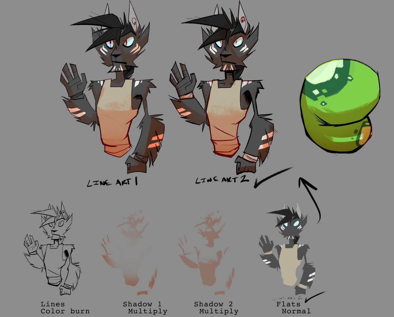 A visual breakdown of how to line and shade, featuring a half-body of a feline anthro and a green bean shape. Text reads:"Line art 1", "Line art 2", "Lines, Color Burn", "Shadow 1, Multiply", "Shadow 2, Multiply", and "Flats, Normal"