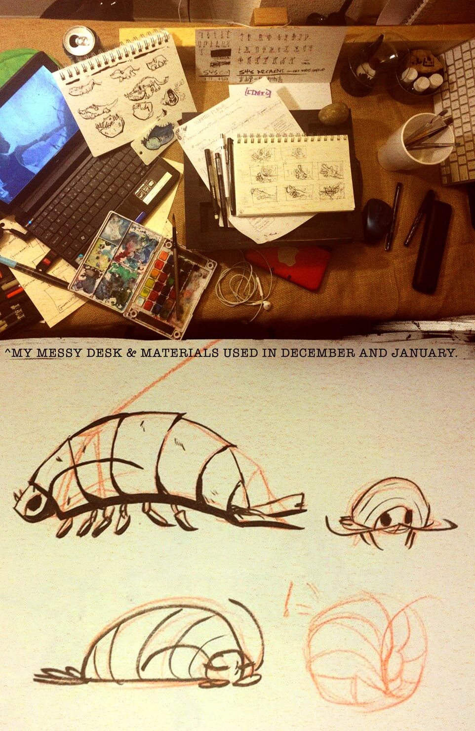 On the top is a photo of a messy desk, with various art tools and sketchbooks scattered about. The text reads "My messy desk & materials used in December and January". On the bottom are various sketches of isopods at various angles.