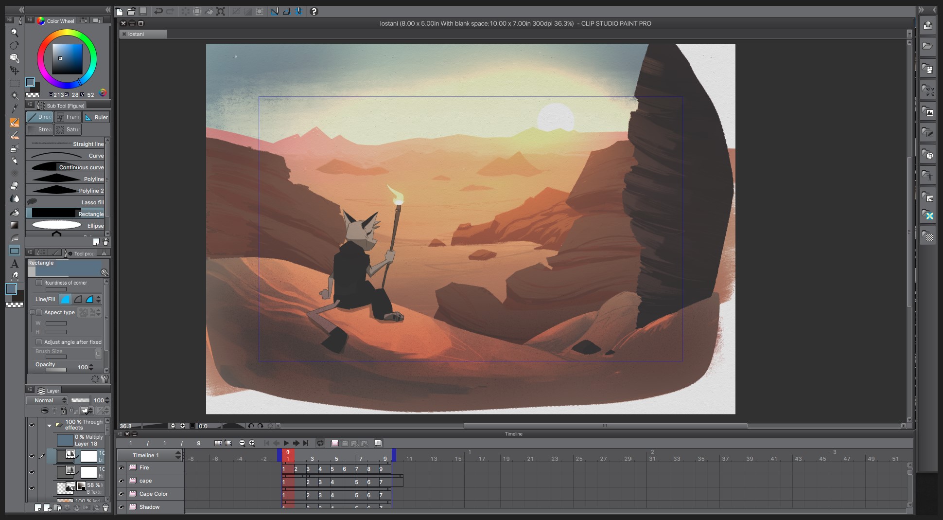 A screenshot of a drawing program with an illustration in the middle. The illustration features an anthro cat character gazing out onto a vast desert as the sun sets. They hold a staff lit with a flame.