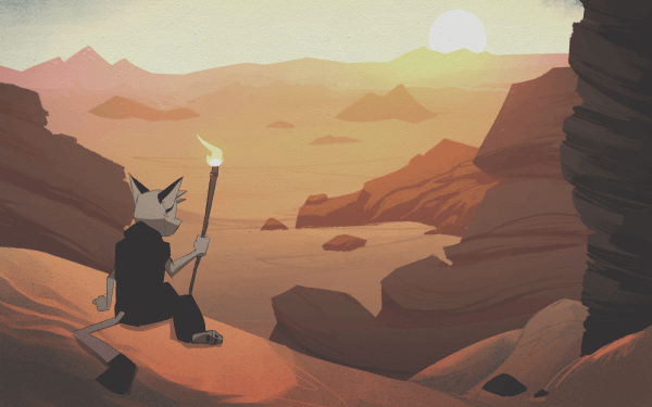 An animation featuring an anthro cat character gazing out onto a vast desert as the sun sets. They hold a staff lit with a flame that flickers with wind.