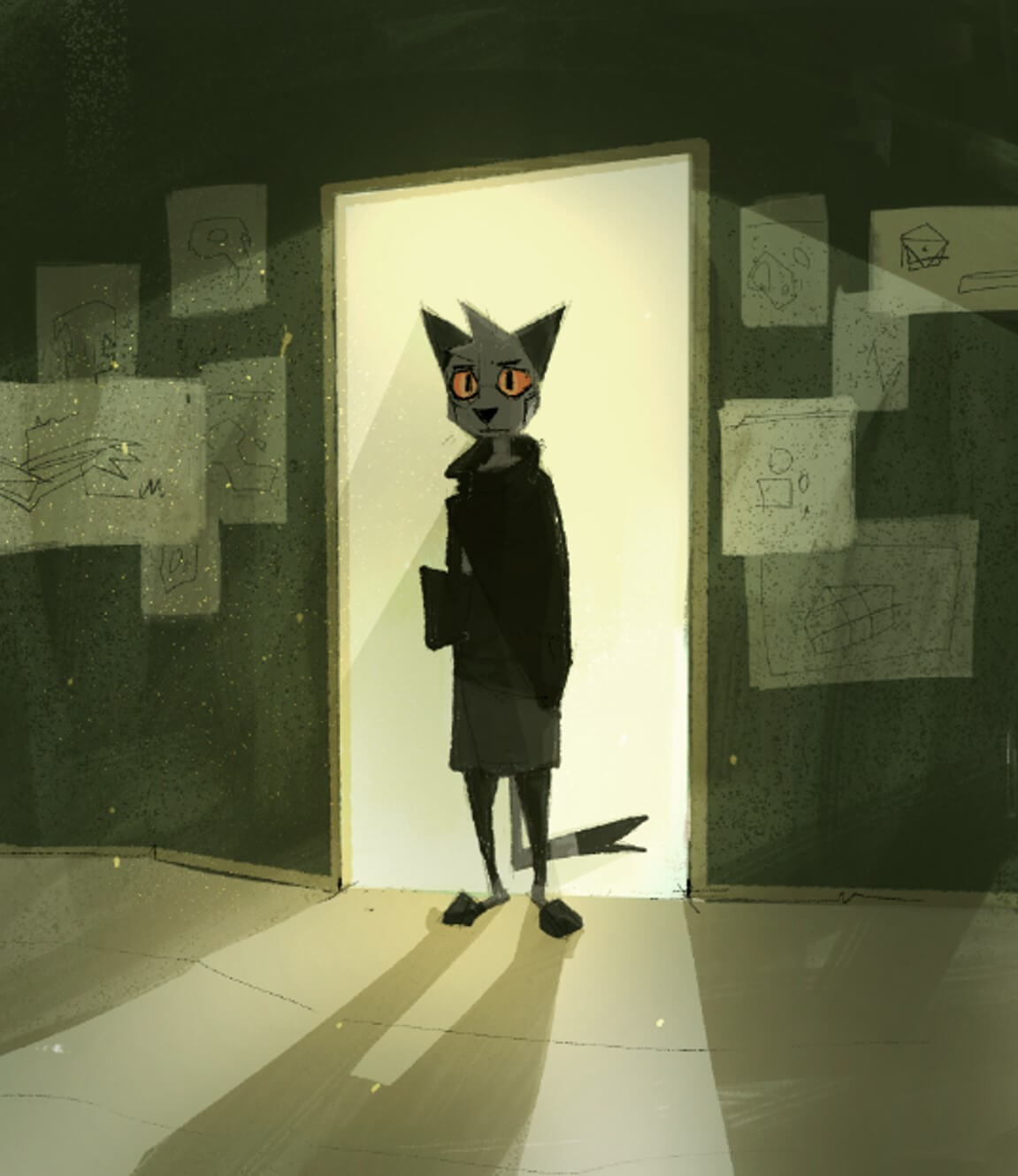 An illustration of a feline character, Stranger, standing in a doorway. In their arm they hold a tome of some sort. On the walls of the room are diagrams and papers marked with cryptic symbols. Their expression is something like an slowly brewing disappointment or let down over someone not visible in frame.