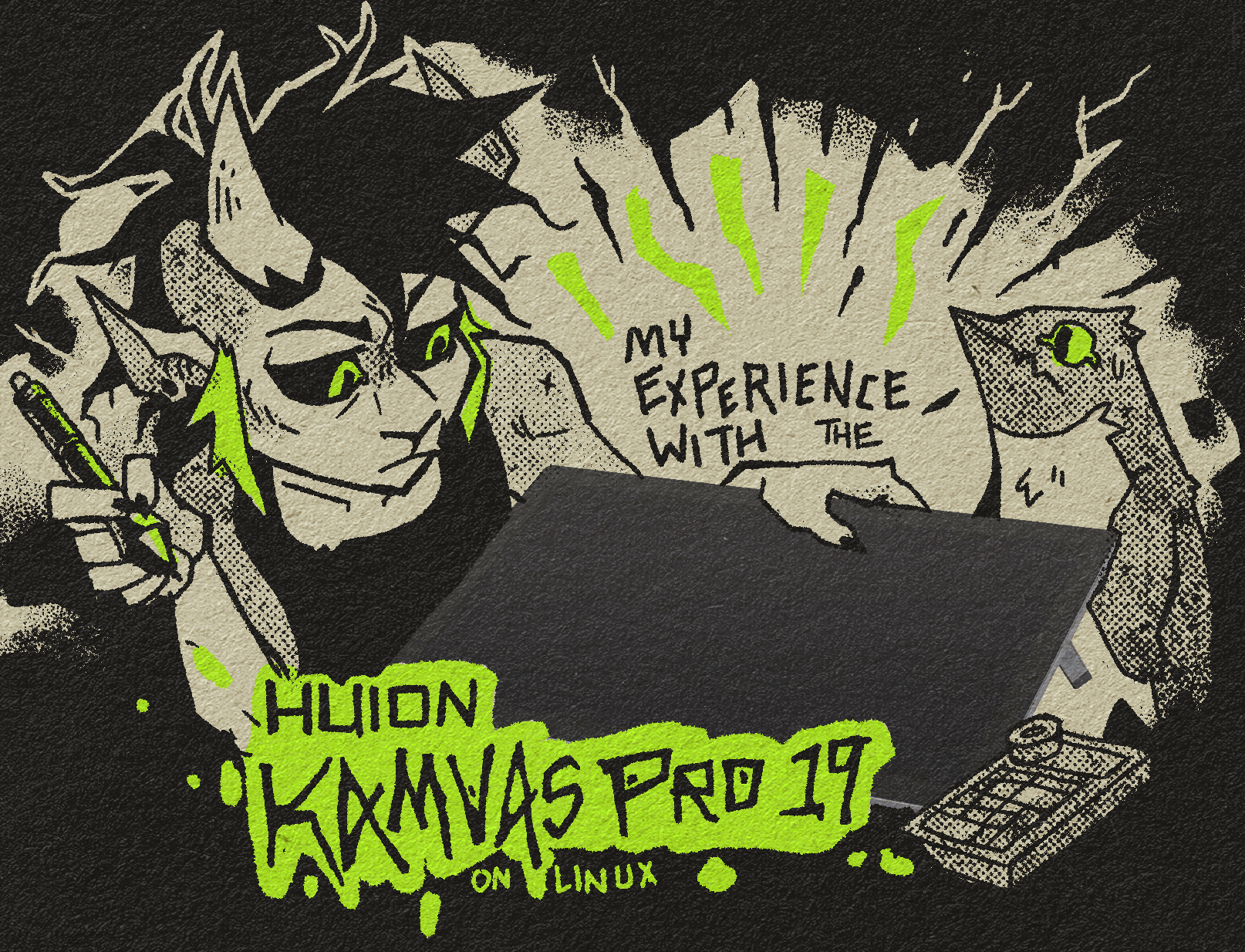 Illustration of a demon character looking down at a drawing tablet. A penguin looks on nervously.